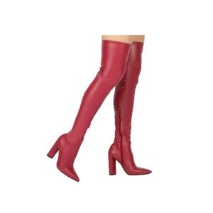 Red thigh high boots